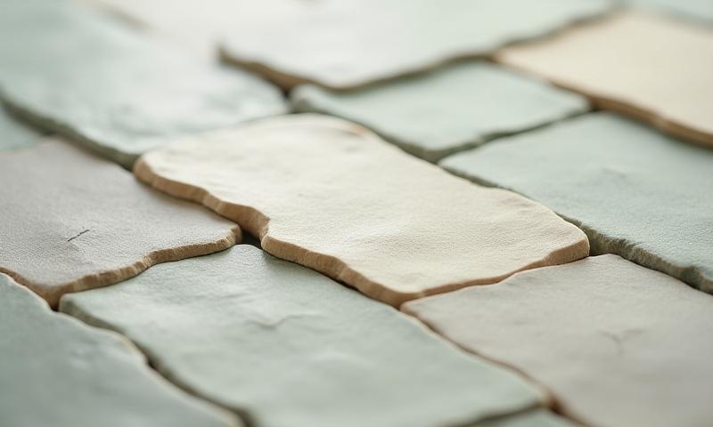 Close-up of bespoke ceramic tiles with unique textures and subtle glazes, ideal for wellness centers. Lush Kiln services.