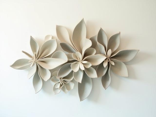 Complex wall-mounted ceramic art installation capturing light.
